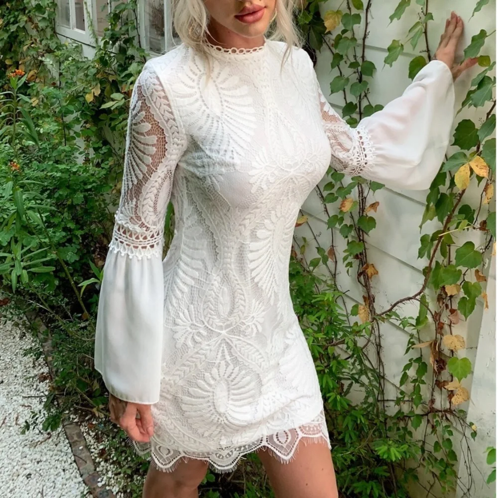 White Lace Detail Bell Sleeve Bohemian Mini Dress - Picture 1 of 16